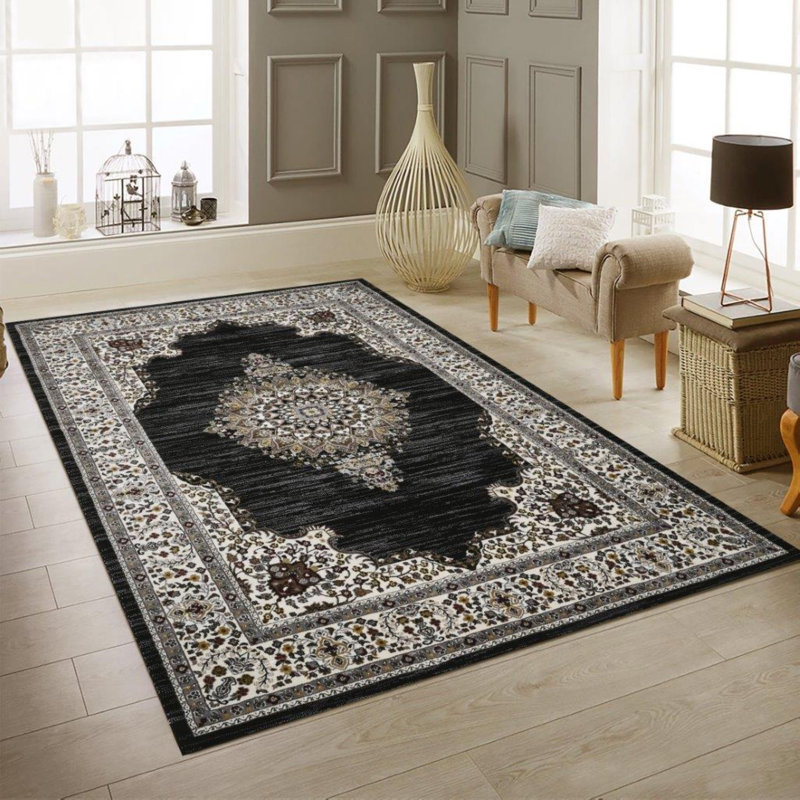 Sutphin Collection Medallion Transitional Area Rug, Black, Rectangle 8' x 11'
