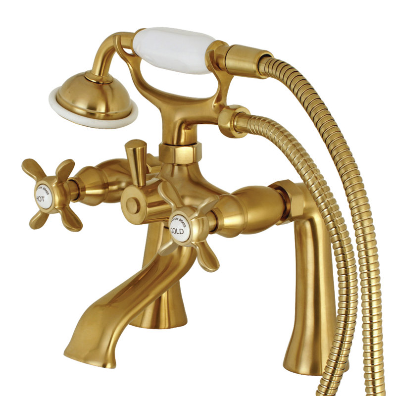 Kingston Brass Essex Three-Handle 2-Hole Deck Mount Clawfoot Tub Faucet with Hand Shower, Satin Brass