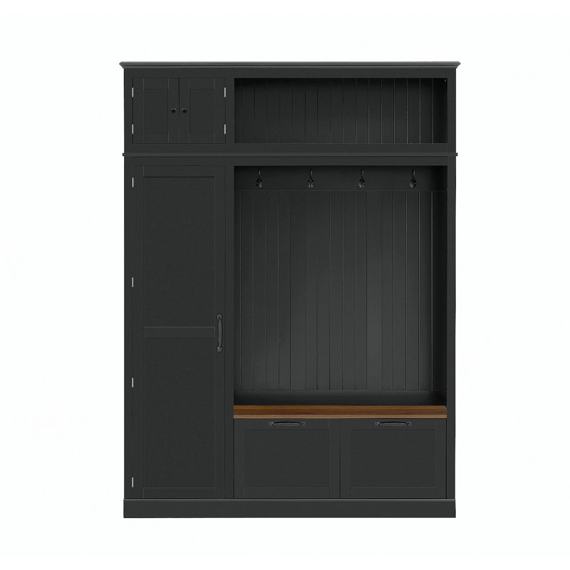 3-in-1 Hall Tree with Overhead Storage Cabinet, 3 Adjustable Side Shelves, 4 Heavy-Duty Hooks, 2 Spacious Drawers, Grooved Back Panel Design, Contrasting Seat Bench, Multifunctional Entryway Organizer