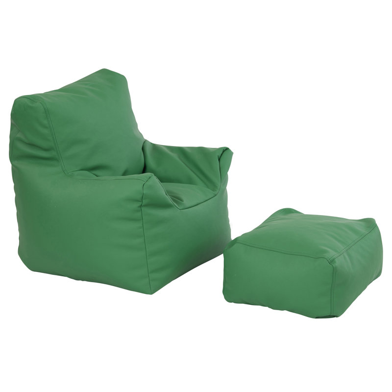 SoftScape Bean Bag Chair and Ottoman, Green Faux Leather