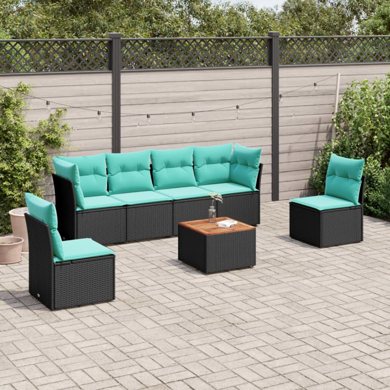 Ensemble de canapé de patio 7 pièces avec coussins en rotin de polyester, Bleu clair, Noir