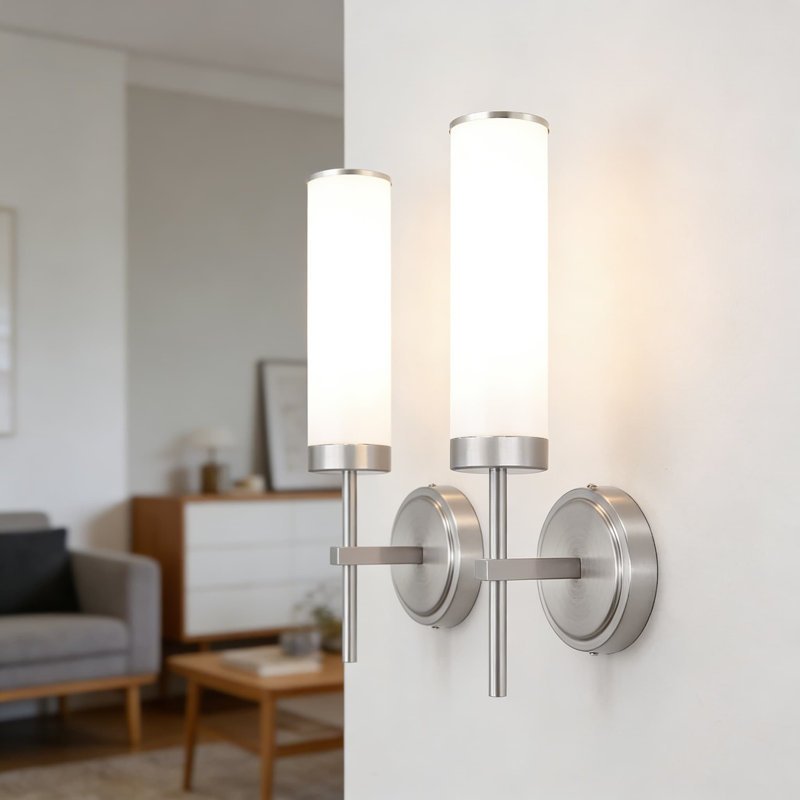 Ensemble de 2 appliques murales modernes avec abat-jour en verre blanc opale, lumières de meuble-lavabo câblées en nickel brossé pour miroir de salle de bain, salon, chambre à coucher et couloir