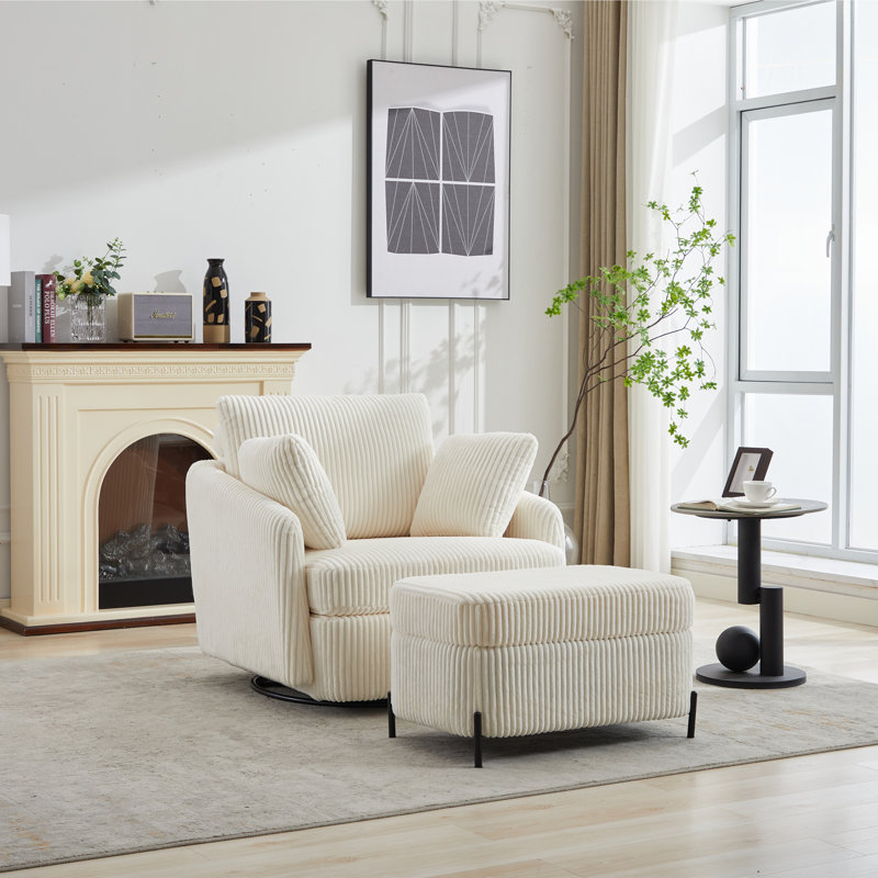 40.53" W Upholstered Swivel Accent Armchair With Storage Ottoman, Ivory Corduroy