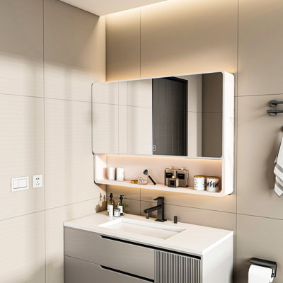 Armoire pour miroir de salle de bain kaki 35 x 28 pouces, aluminium, avec désembuage, contenant pour cosmétiques, miroir d'armoire à fente pour sèche-cheveux, pouces, 3 couleurs, panier, espace,
