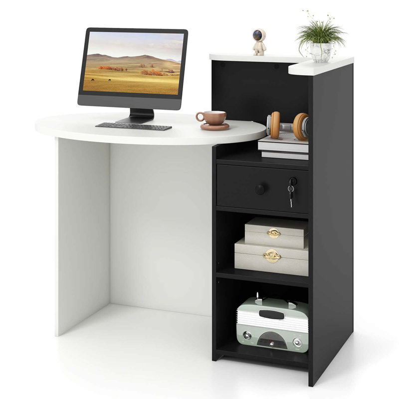 Front Reception Counter Desk Checkout Office Desk With Open Shelf & Lockable Drawer, Black