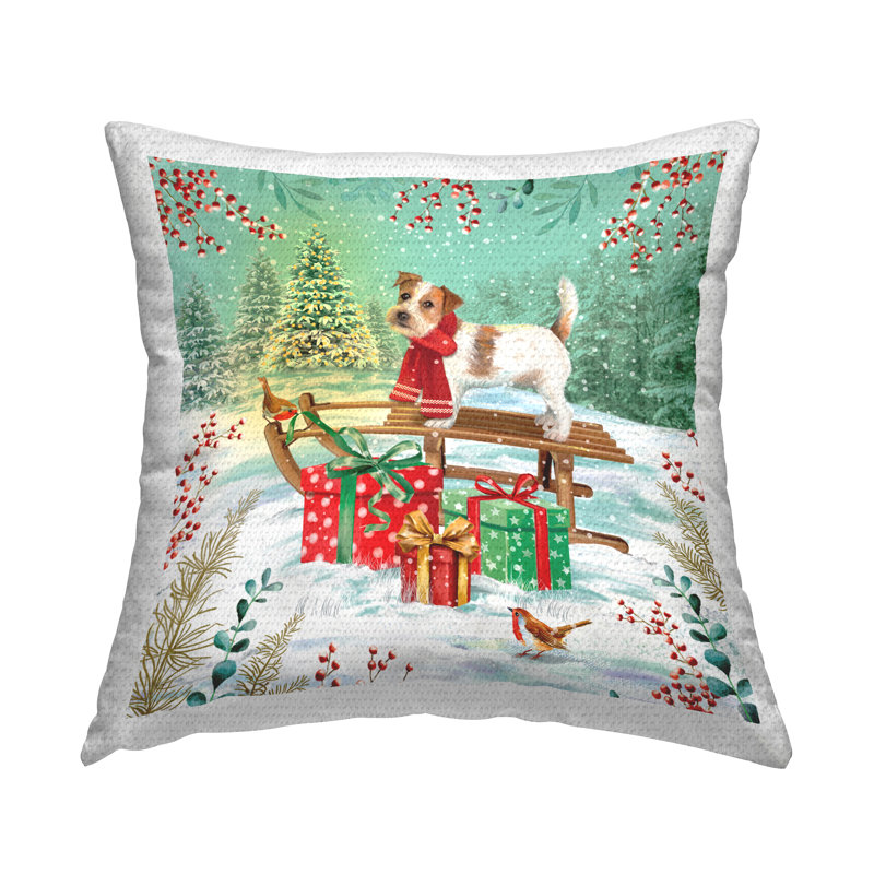 Coussin d'extérieur imprimé festif en forme de cadeau de chiot par Jane Sunner