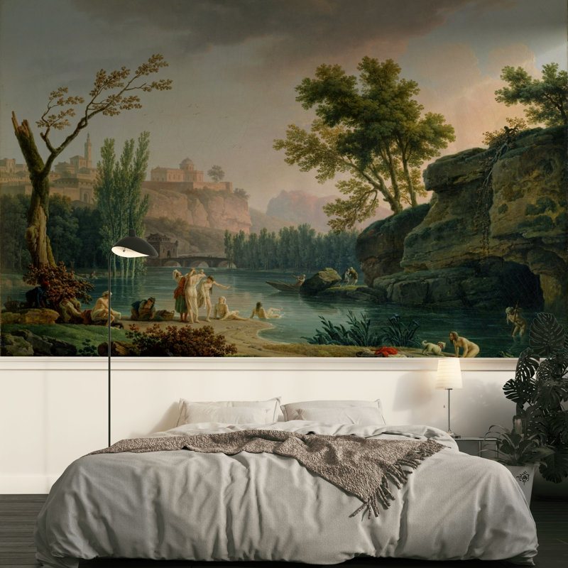 Papier peint néoclassique avec paysage de rivière, antiques baigneurs, paysage italien, L 120 po x L 96 po