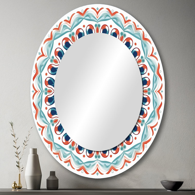 Mandala sacré en rétro bleu et orange I - Miroir décoratif géométrique ovale sur métal, 43 po x 33 po