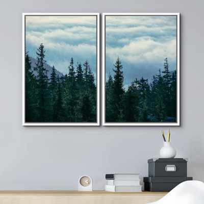 Tempête, nuages, montagne, pin, forêt, paysage naturel, impression sur toile, 2 pièces