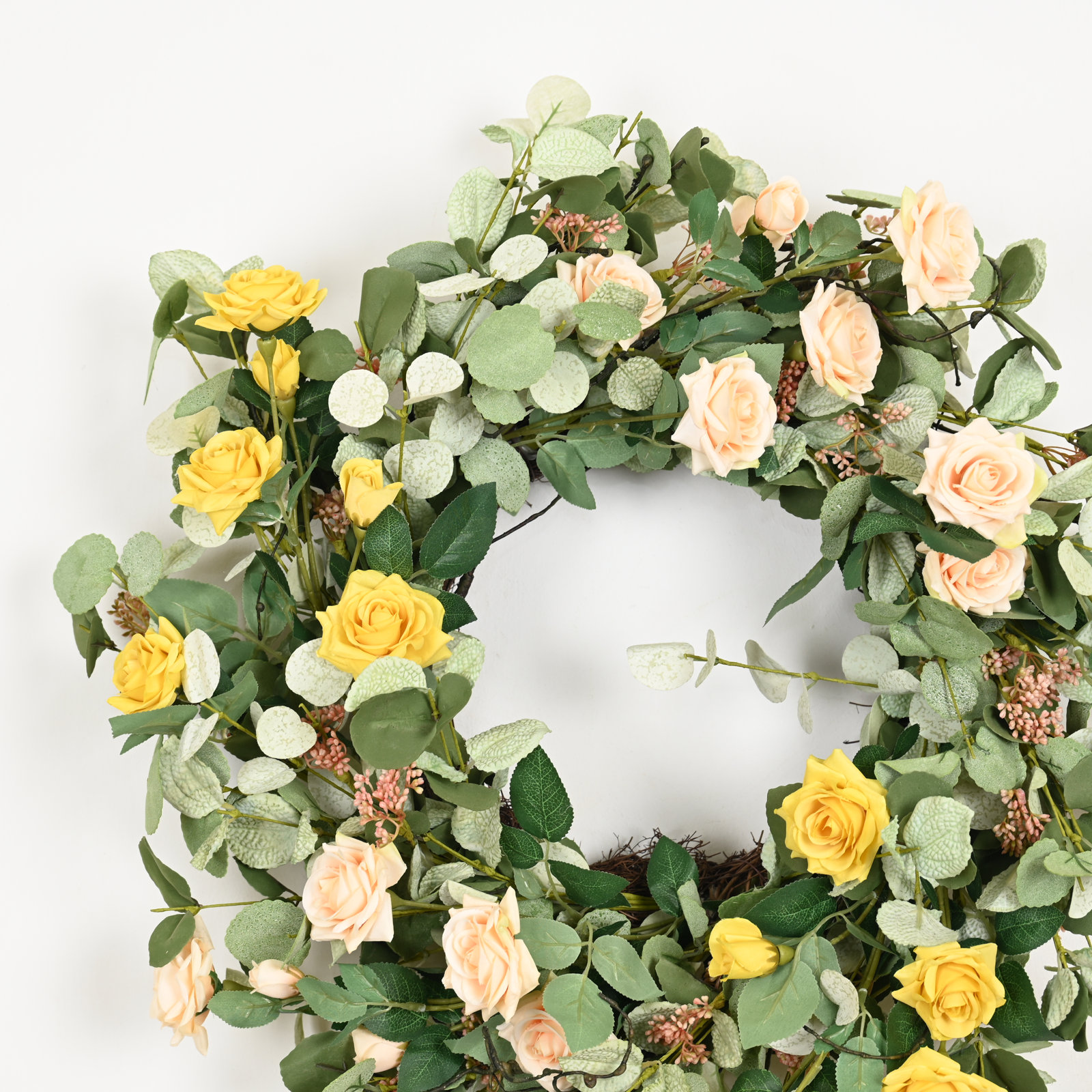 22" Handcrafted Eucalyptus Rose No Holiday Wreath, Cream/Yellow/Green