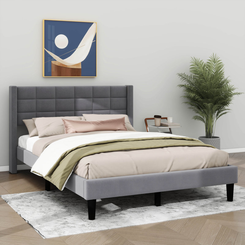 Linen Bed with Tufted Headboard, Queen, Gray