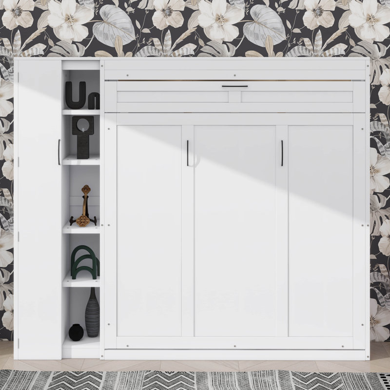 Grand lit escamotable mural avec tablettes, garde-robe et éclairage DEL, Grand lit, Blanc