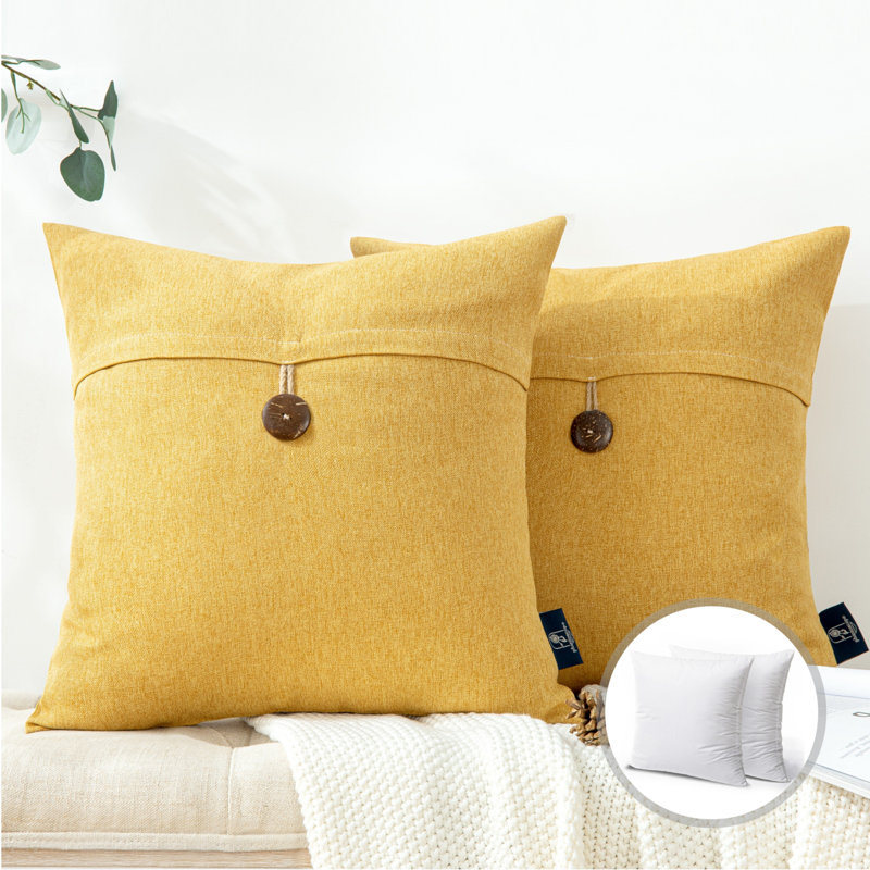 Textured Woven 18" Square Throw Pillow Cover with Button Detail, Yellow, Square 18", Pillow Cover Only - No Insert