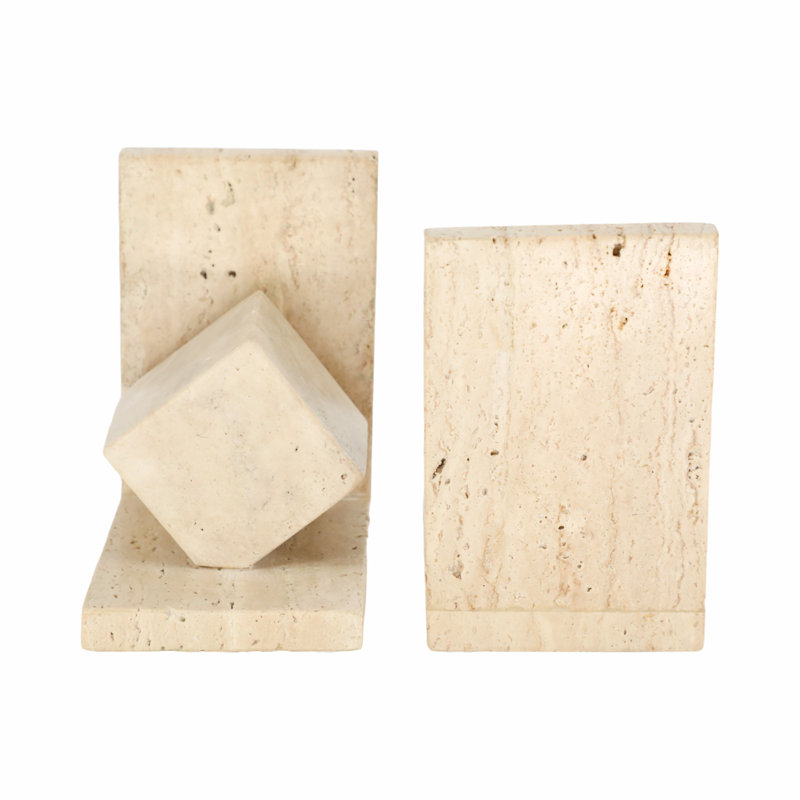 Set Of 2 6" Travertine Cube On Base Bookends, Tan