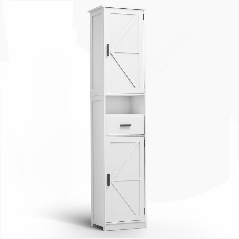 Bathroom Storage Cabinet with 2 Barn Doors and 1 Drawer, Narrow Storage Unit, Adjustable Shelves, White