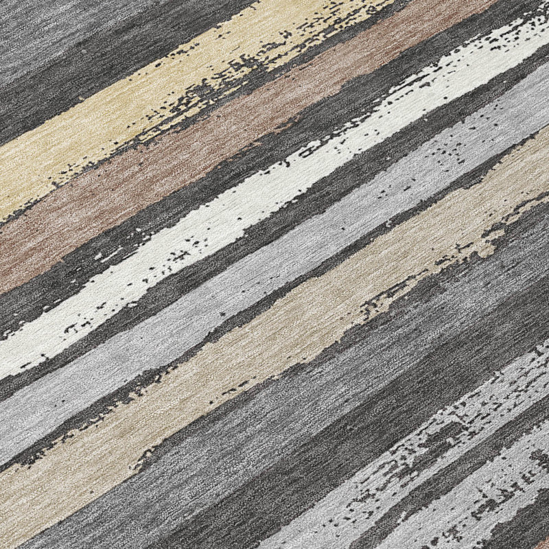 Charcoal and Beige Striped Synthetic Washable Rug