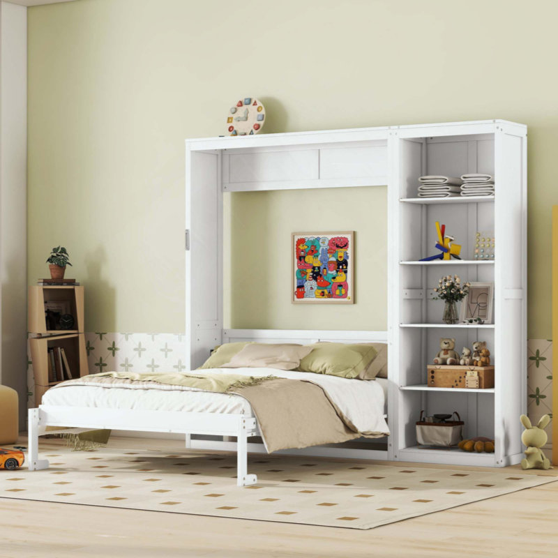 Lit escamotable avec tablettes, lit escamotable peu encombrant pour les pièces polyvalentes et les petits appartements, Blanc