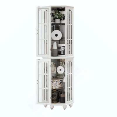 Corner Curio Cabinet With 4 Adjustable Tempered Glass Shelves And Lighting System, Solid Wood Legs,Acrylic Mirrored Back Panel(E26 Light Bulb Not Included)
