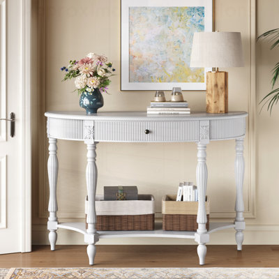 Console demi-lune en bois massif avec tiroir et tablette, table d'entrée incurvée cannelée rétro pour vestibule de salon de couloir, table de canapé à espace étroit avec pieds romains sculptés