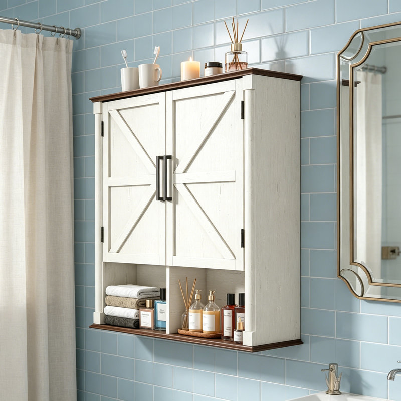 Armoire murale de salle de bain Farmhouse avec portes de grange et colonne romaine, blanc rustique
