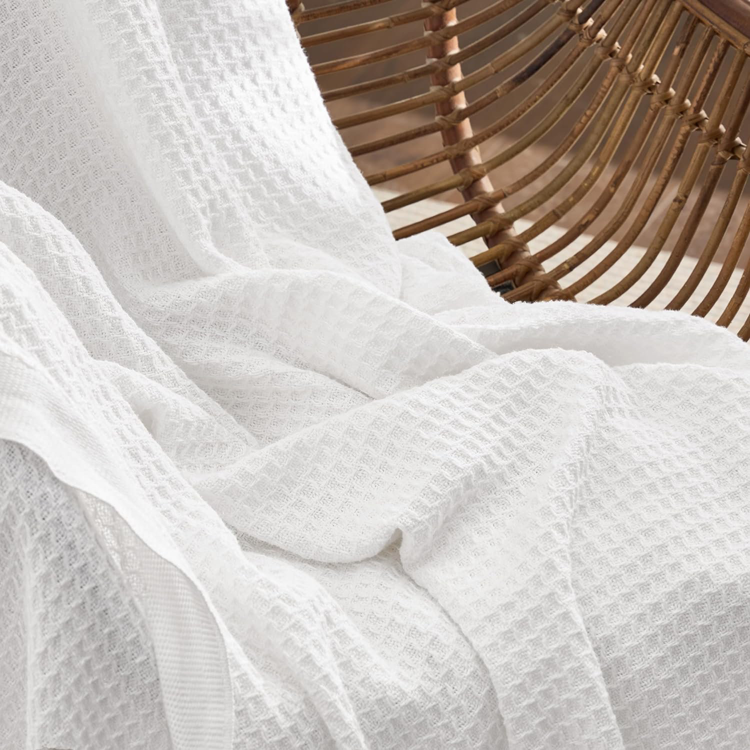 Bedsure Cotton Waffle Weave Throw Blanket, White, Queen