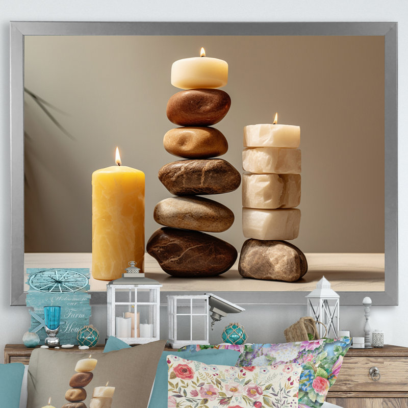 Zen Harmony Balancing Cairn Stones sur toile, Cadre simple argenté, H 16 po x l 32 po x P 1 po