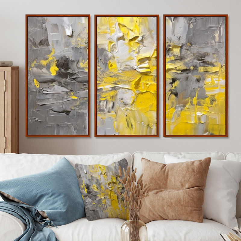 Intense réverbération jaune gris - ensemble d'art mural abstrait, Cadre flottant brun, H 32 po x l 48 po x P 1 po