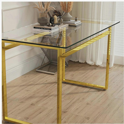 Table de salle à manger 51 "moderne en verre rectangulaire minimaliste pour 4 à 6 personnes avec plateau en verre trempé de 0,31" et pieds en métal chromé argenté