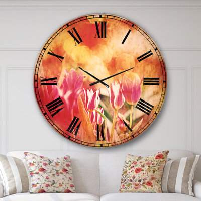 Tulips on Abstract Red Background - Traditional wall clock