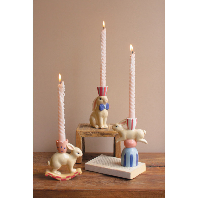  Ceramic Easter Bunny Taper Candle Holders 6"H – Glazed Multi-Color Spring Decor Set of 3