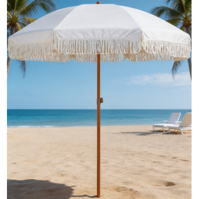 Parasol de patio à franges de 7 pi, UPF50 +, mât et nervures en acier de qualité supérieure, inclinaison à bouton-poussoir, blanc crème (base non incluse)