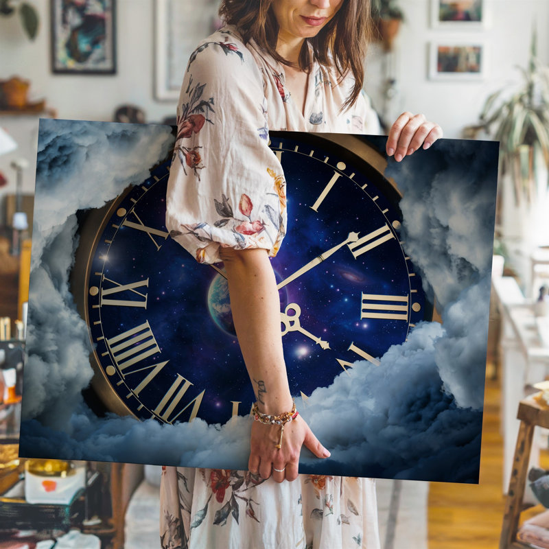 Toile dans un tableau cosmique surréel, une horloge, art mural complexe avec un paysage céleste, H 11 po x l 14 po