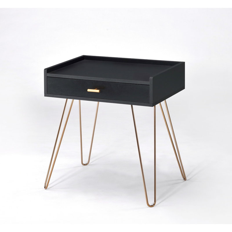 Table d'appoint de style Mid-Century, 23,5 po noir avec pieds en épingle à cheveux en cuivre et contreplaqué mat, tiroir pour table avec finition, assemblage requis
