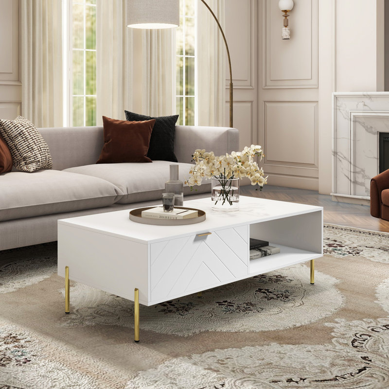 Mid-Century Modern Coffee Table with Double Drawers, White