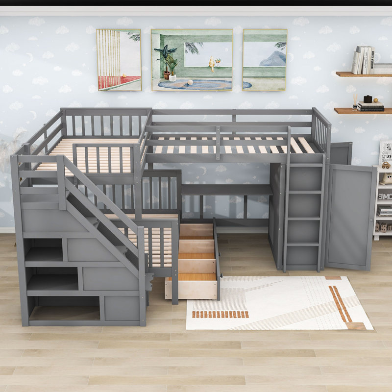Lit superposé simple et double au-dessus d'un lit double en bois avec garde-robe intégré, bureau rétractable et tiroirs, Gris