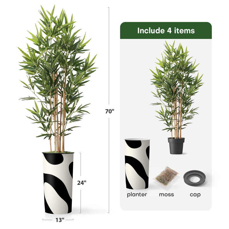 Artificial Tree in Contemporary Planter Fake Bamboo Silk Tree (Plant Pot Plus Tree), Thick Line Black