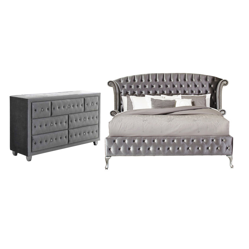 Ensemble de chambre à coucher rembourrée 2 pièces avec commode Mikrut, Gris, Grand