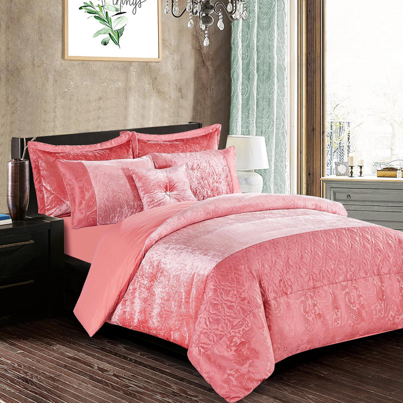 Santiago 3 Piece Crushed Velvet Duvet Cover Set Ultra Soft Luxurious and Easy Care Bedding, Pink