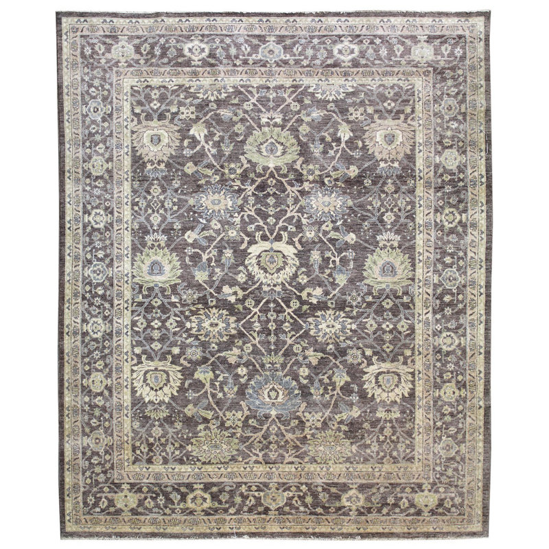 Tapis beige en laine noué à la main de conception unique 8 pi 2 po x 9 pi 8 po Tabriz New Age