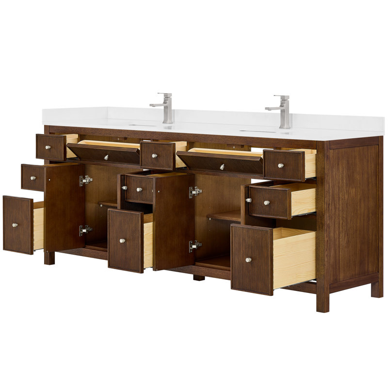 Ensemble de meuble-lavabo double Pendry, Dark Walnut, Or brossé, Marbre de culture de Carrare