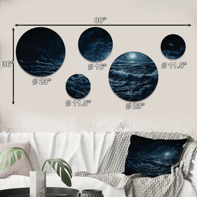 «Moonlit Beach Ocean Storm» - ensemble d'art mural rond de 5 vagues
