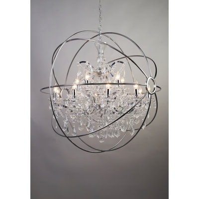 Lustre cage en chrome 15 lumières avec cristaux suspendus transparents