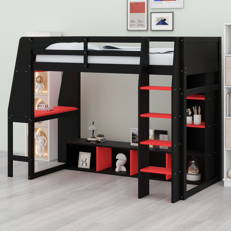 Lit mezzanine moderne avec éclairage à DEL, tablettes et support suspendu, Lit simple