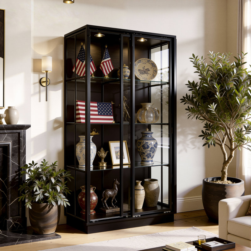 Modern Glass Curio Cabinet With LED Lights & Sliding Doors