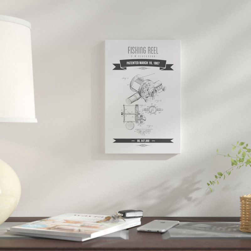 G.W. Blackburn Fishing Reel Patent Sketch Retro (Charcoal) by Aged Pixel - Gallery-Wrapped Canvas Giclée, No Mat