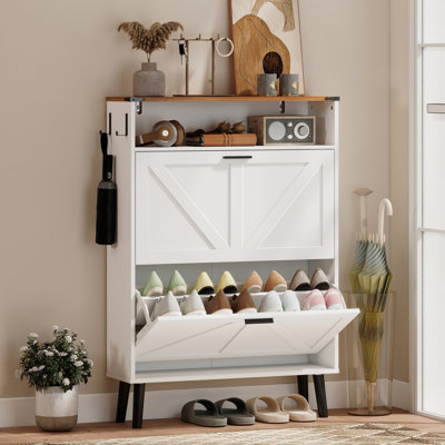 Shoe Storage Cabinet with 2 Flip Drawers, Narrow Shoe Cabinet, White