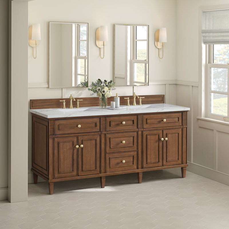 Lorelai 72'' W Double Vanity, Mid-Century Walnut, Ethereal Noctis, 8" Widespread