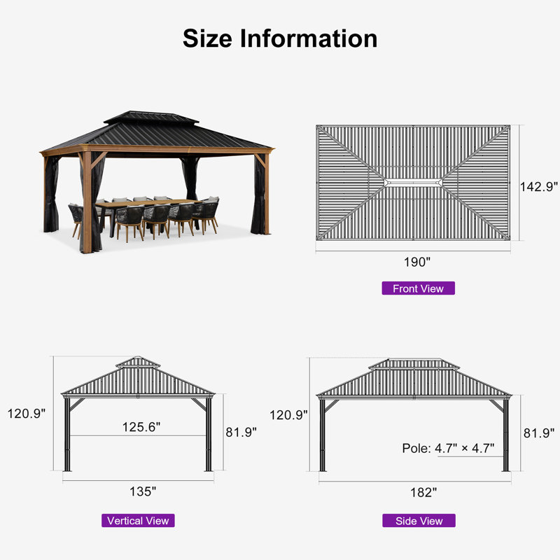 PURPLE LEAF Hardtop Gazebo for Patio Wood Grain Galvanized Steel with Netting, 12' X 16'