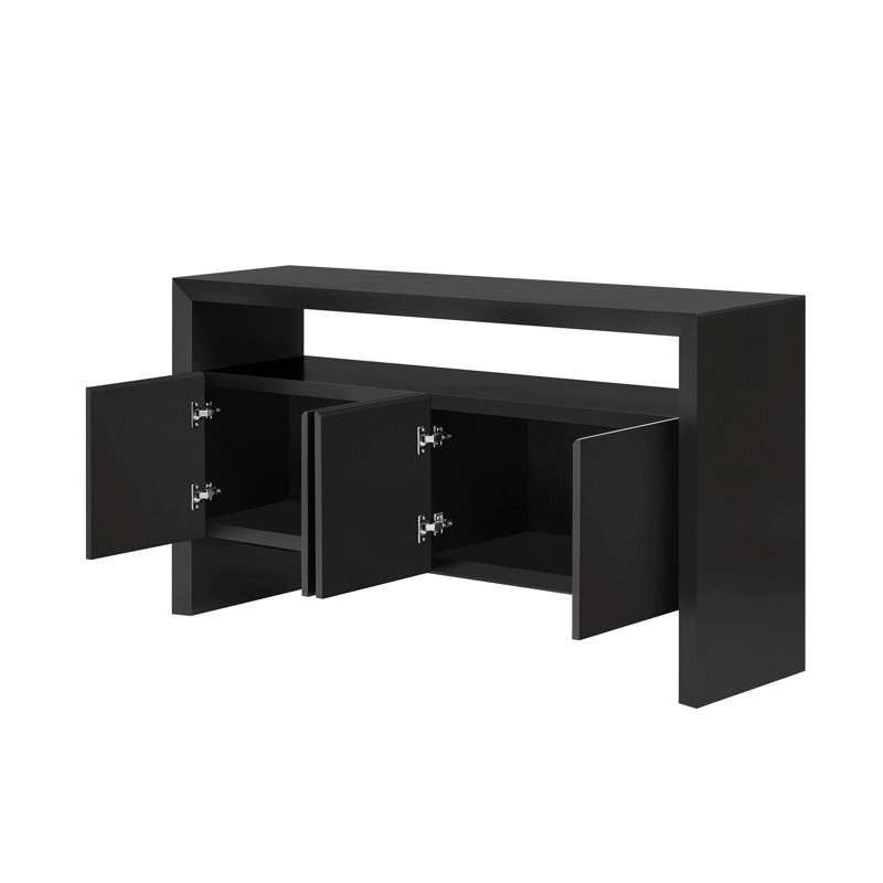 Buffet 60 po à 4 portes, placage en bois massif minimaliste moderne avec tablette ouverte, grain de bois naturel, console de rangement de grande capacité pour le salon, le couloir et la salle à manger