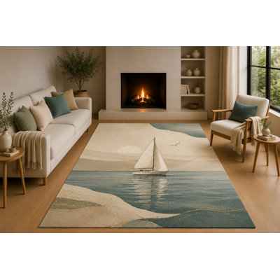 "Ultra Lightweight" 5'x7' Coastal Sailboat Ocean Area Rug with Non-Slip Silicone Backing Low Pile Soft Carpet for Living Room Bedroom Office Nautical Beach Decor